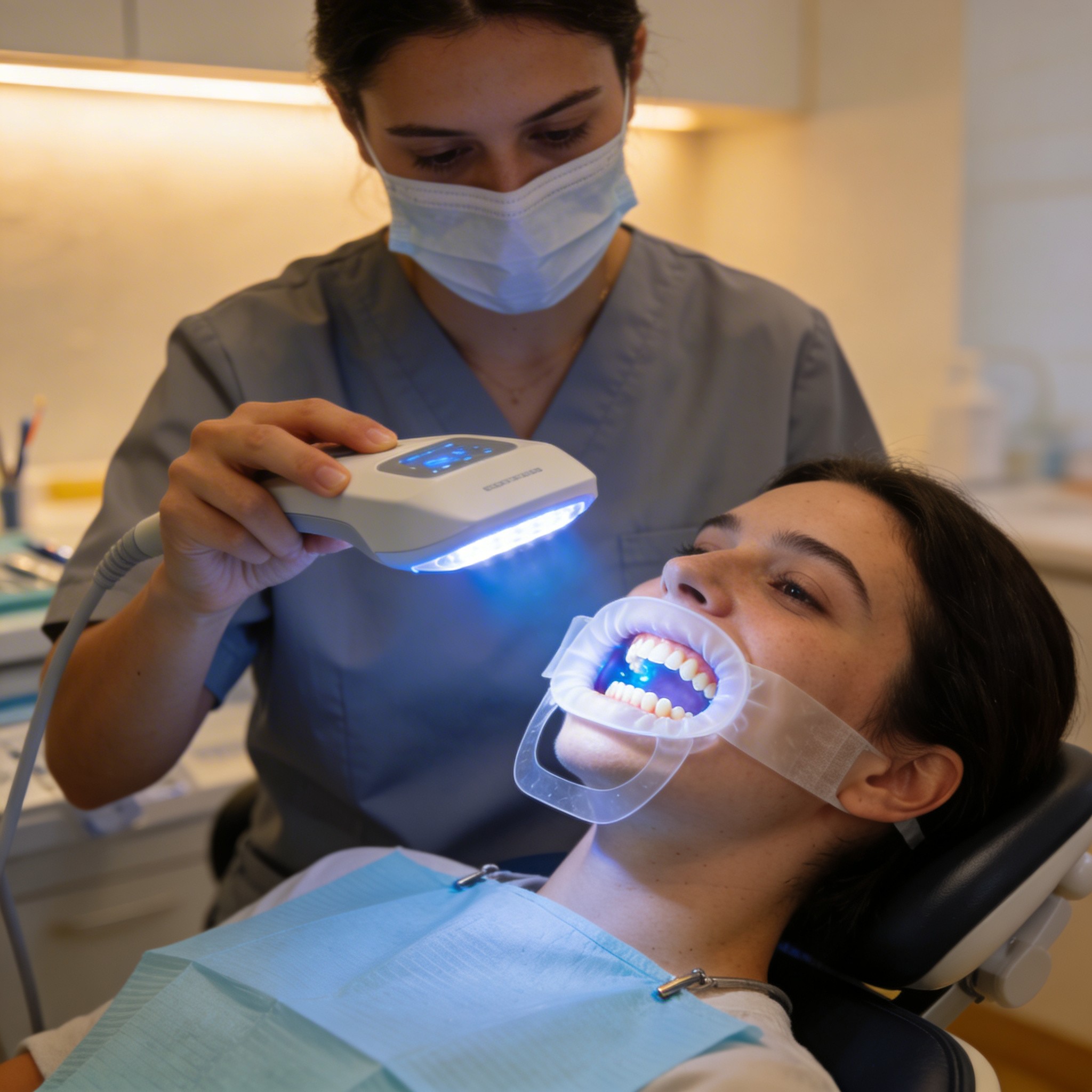Patient receiving professional in-office teeth whitening treatment with protective barriers and professional-grade whitening gel