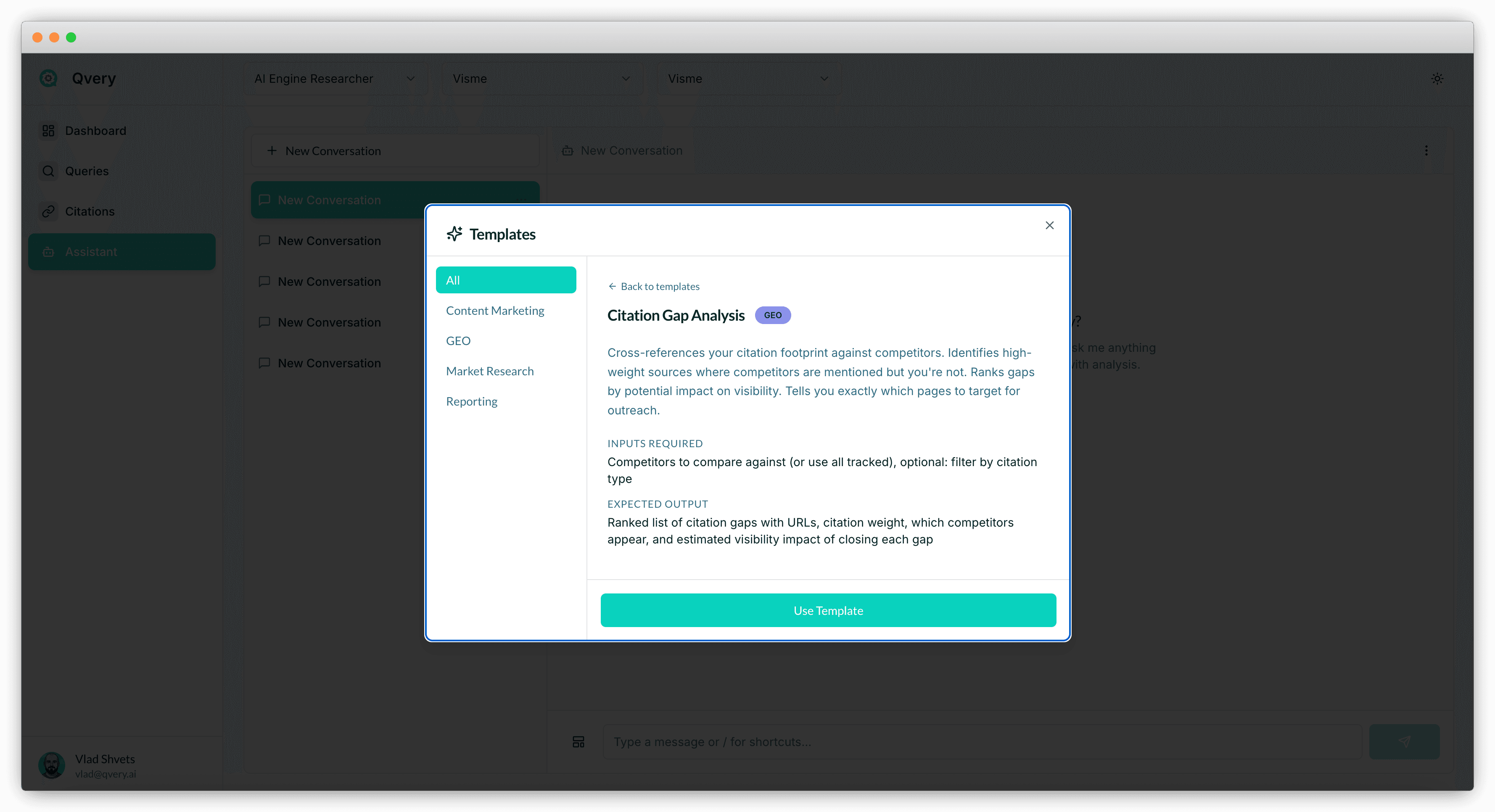 Screenshot of the Citation Gap Analysis template in Qvery Assistant