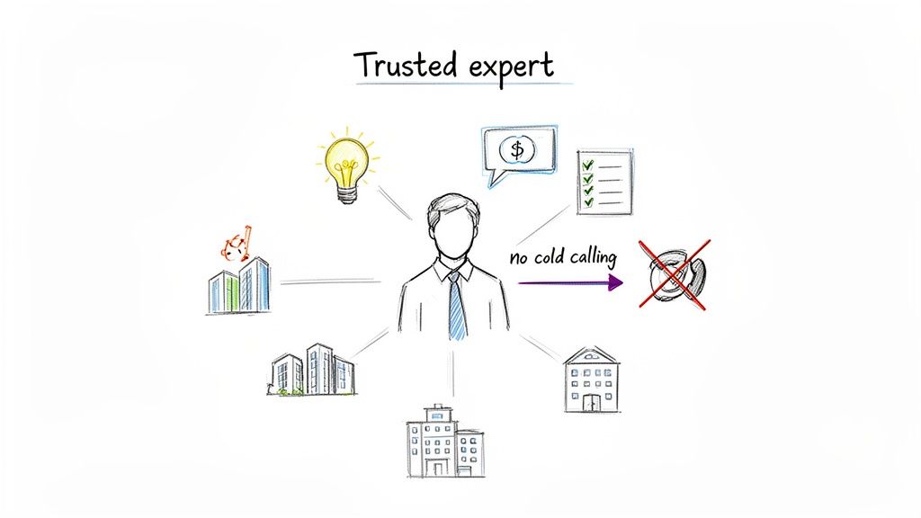 A trusted expert's diagram showing ideas, value, and client connections, emphasizing no cold calling.