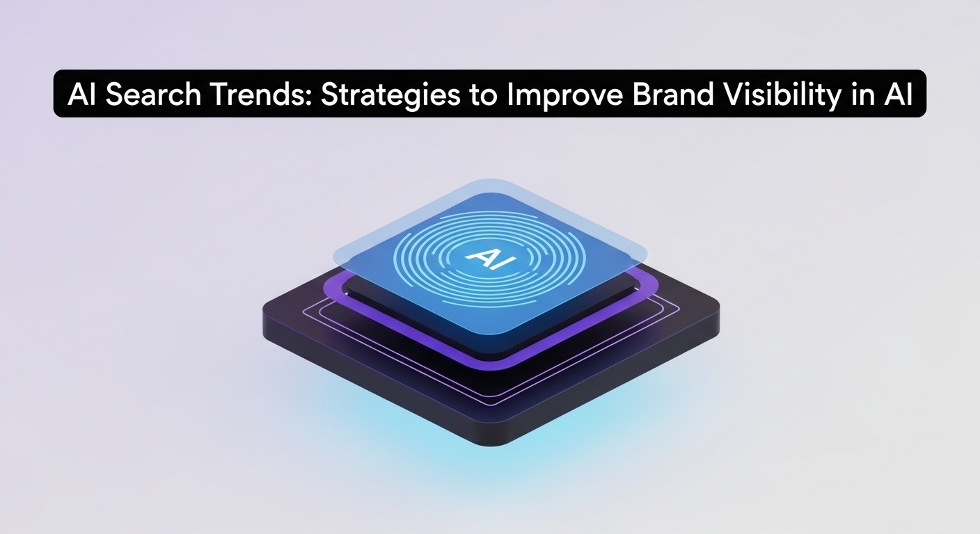 Banner reading “AI Search Trends: Strategies to Improve Brand Visibility in AI” above a glowing AI chip illustration on a clean white background.