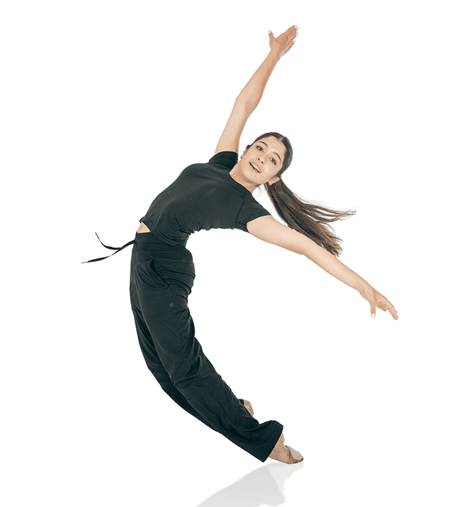 Dancer in black leaning into a side-bending pose