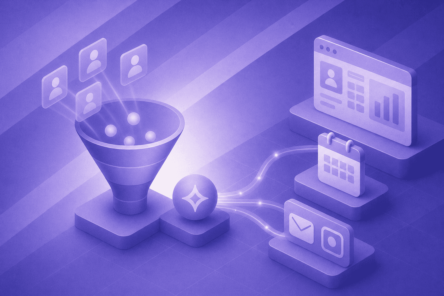 A modern B2B sales technology concept illustration showing a funnel with anonymous website visitors being identified and engaged by an AI system, with data streams flowing into a CRM dashboard, meeting calendar, and email/LinkedIn icons, all connected in a seamless automated pipeline — clean flat design with blue and teal tones, no text or labels