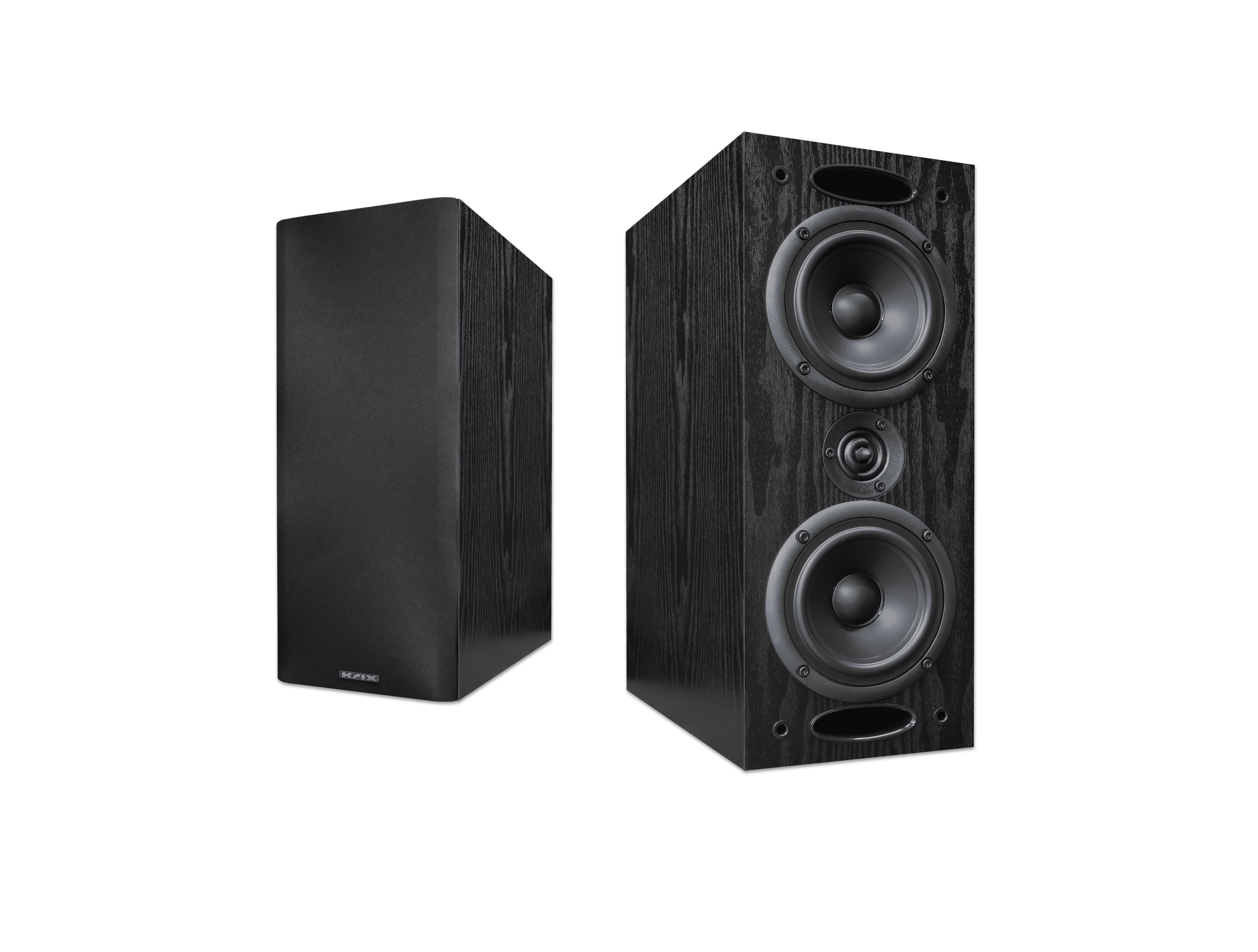 Two black wood grain speakers, one with front view