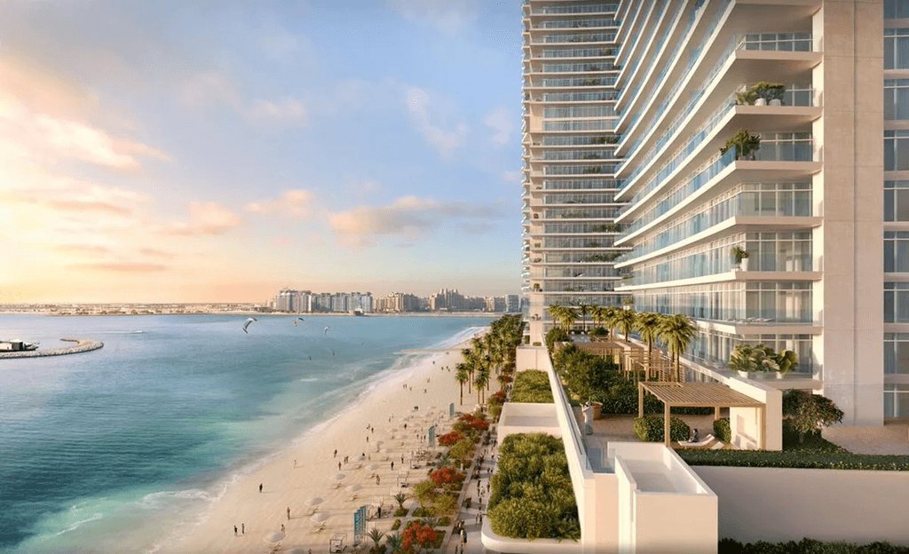 Emaar Beachfront Bay presents sleek, modern structures along the shoreline, highlighting a vibrant coastal lifestyle and scenic beauty.