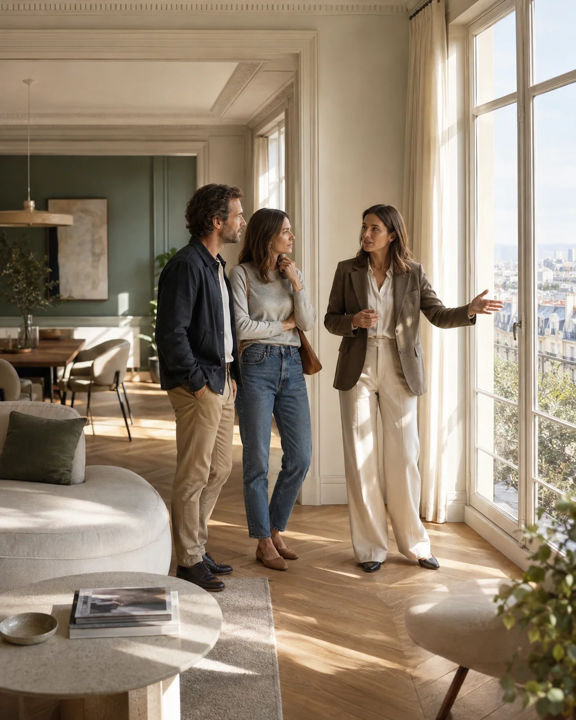 Conseillère et visiteurs dans un appartement lumineux
