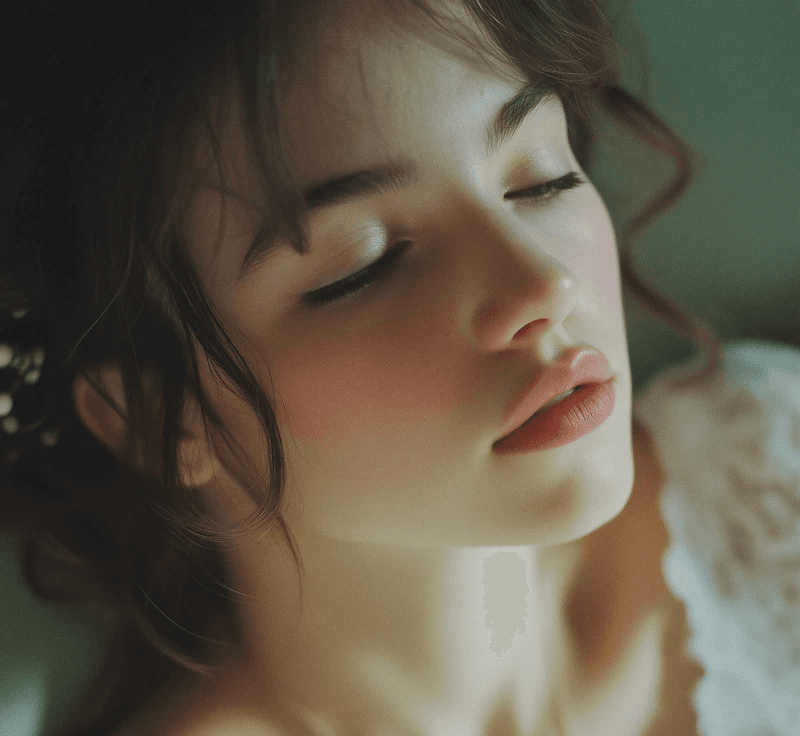 Soft close-up of a young woman's face with eyes closed and wavy brown hair.