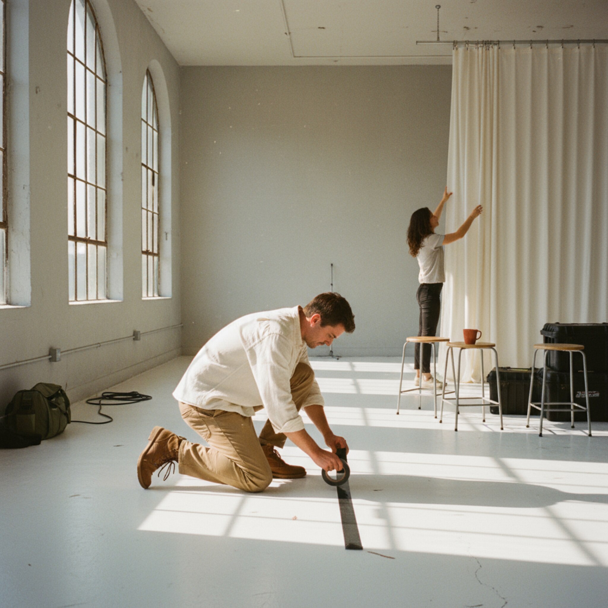 Morgens fällt weiches Seitenlicht durch hohe Atelierfenster auf einen weißen Boden. Eine Produzentin markiert leise die Setfläche mit schmalem Tape, während im Hintergrund jemand einen Vorhang glattzieht. Schlichte Hocker stehen bereit, der Raum wirkt aufgeräumt und offen. Die Szene vermittelt Ruhe vor dem kreativen Moment.