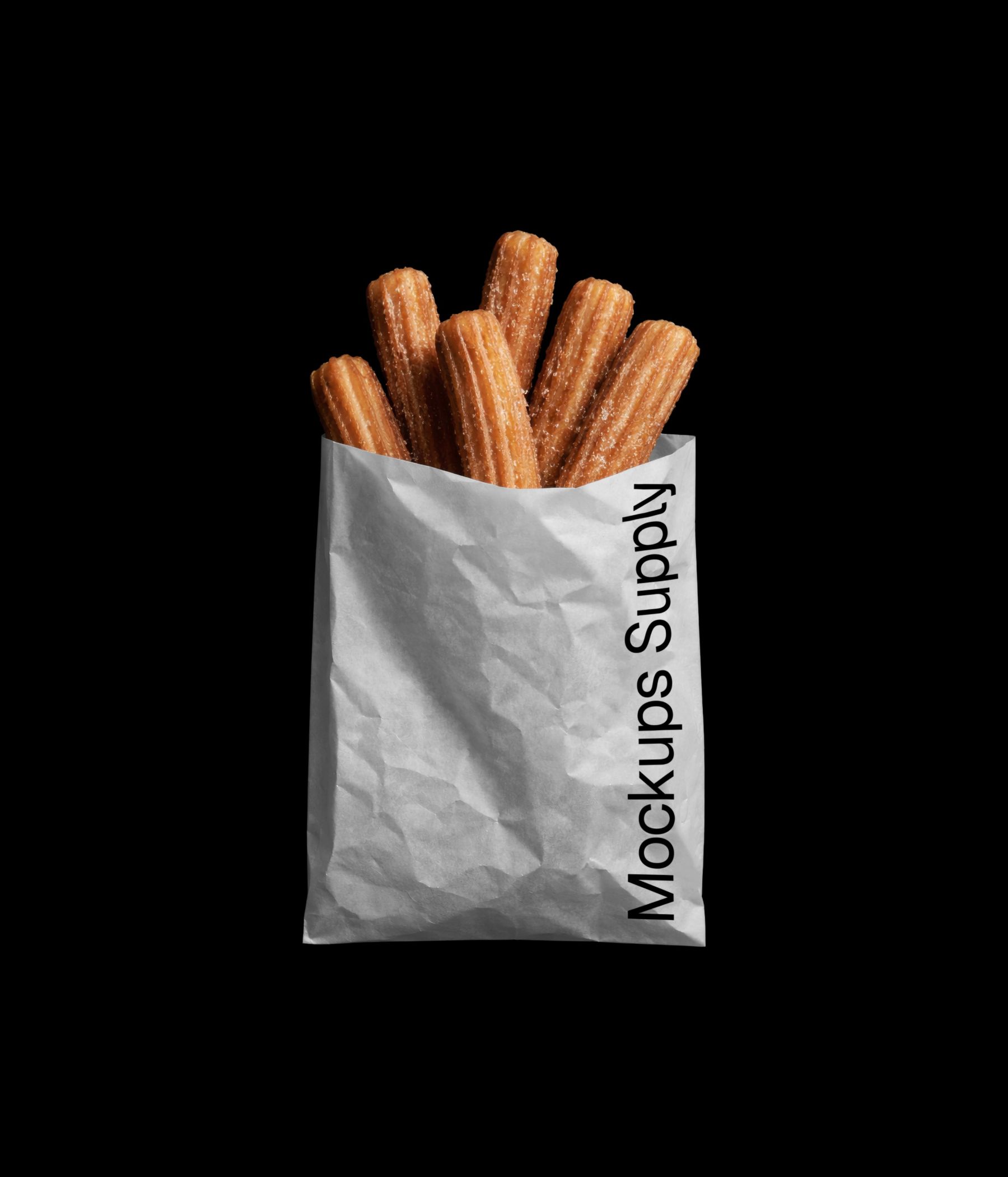 Churros in paper bag mockup for Photoshop showing editable bakery packaging branding presentation