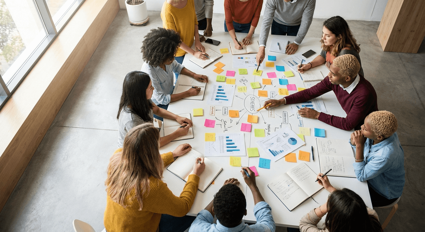 A team of professionals collaborates around a table, analyzing charts and graphs, showcasing teamwork and a productive work environment.