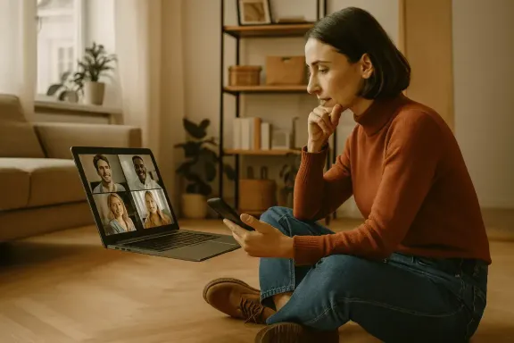 Frau sitzt zu Hause vor einem Laptop und nimmt an einem Video-Call teil