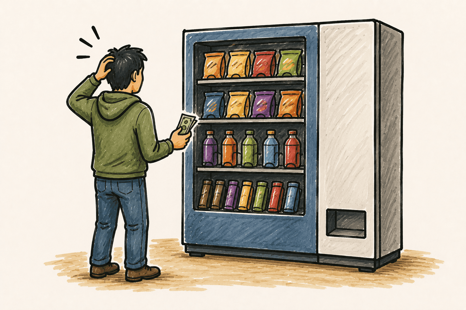 Hand-drawn illustration of a customer holding money while standing in front of a fully stocked vending machine that has no buttons, representing a website visitor who is ready to buy but has no clear way to proceed.