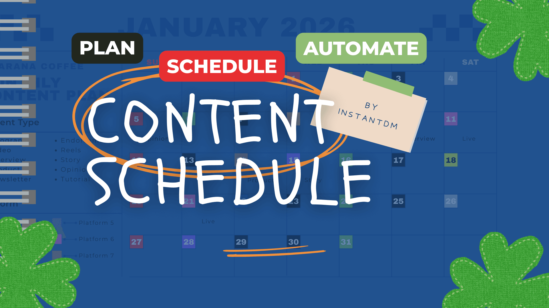 Illustration of a digital calendar showing scheduled social media posts linked to a smartphone displaying an automatic direct message icon, representing unified scheduling and automation.
