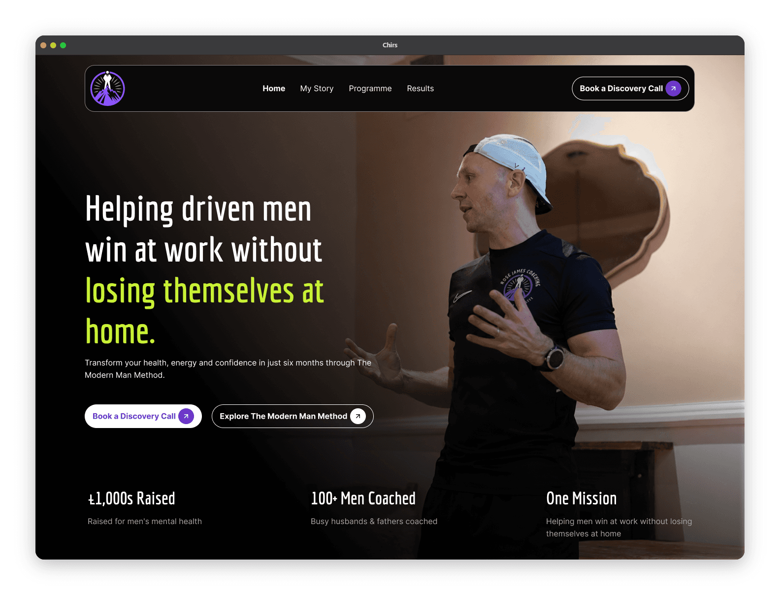 Rose James Coaching homepage hero design showing brand messaging for men's health coaching
