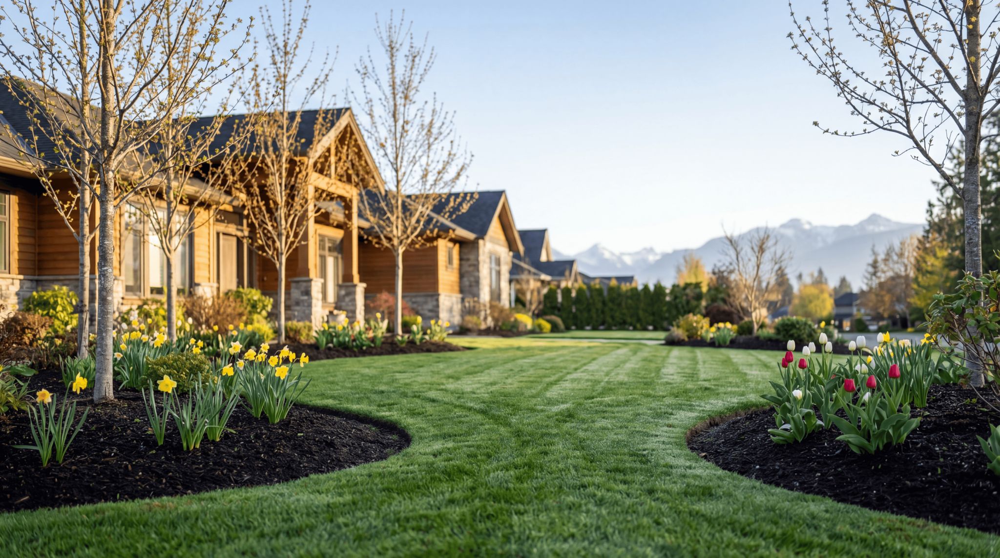 Well-manicured lawn with vibrant flowers and trees, showcasing landscaping Abbotsford BC and Fraser Valley expertise.
