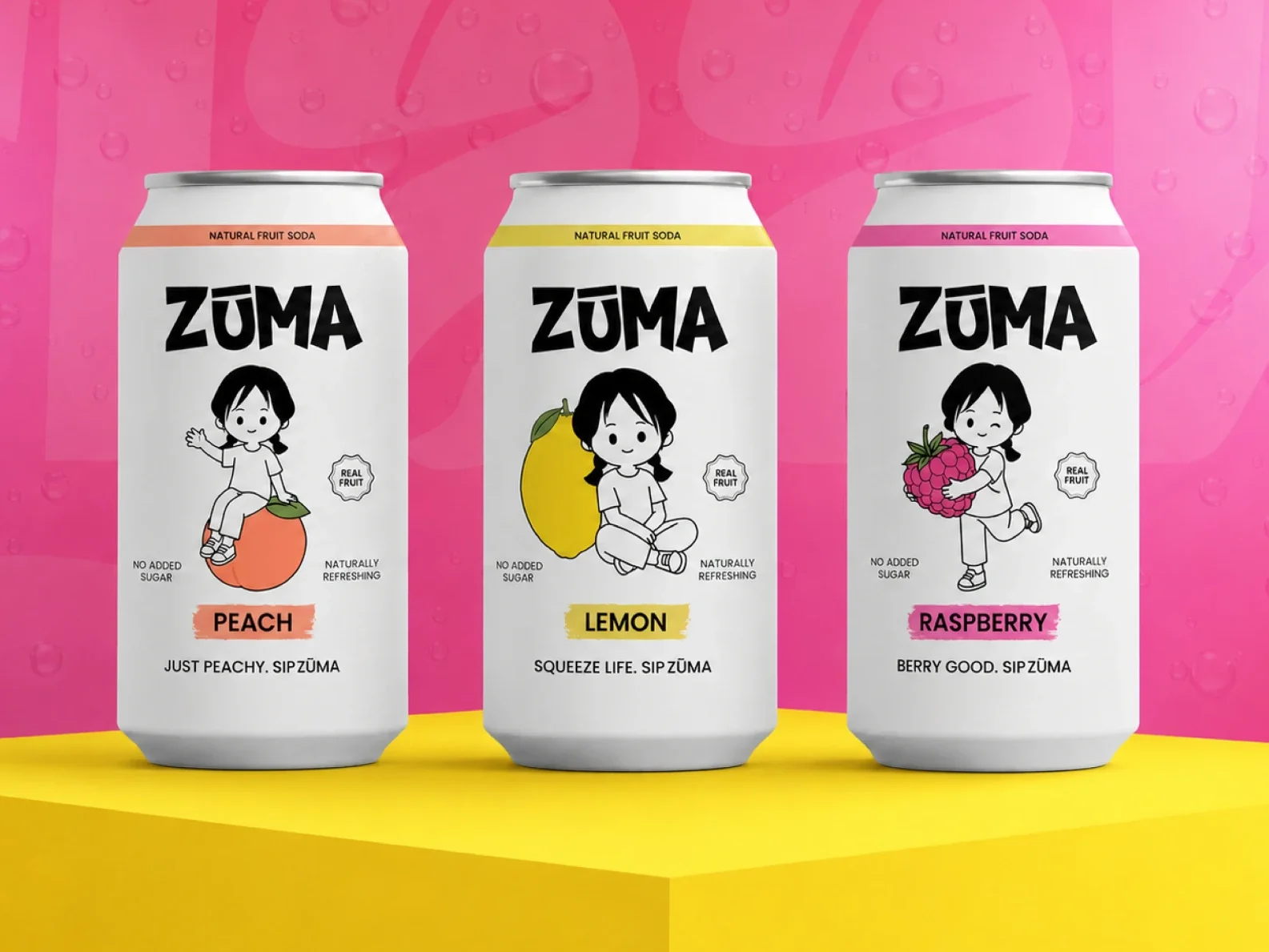 Three ZŪMA soda cans — peach, lemon and raspberry — on a yellow plinth against pink
