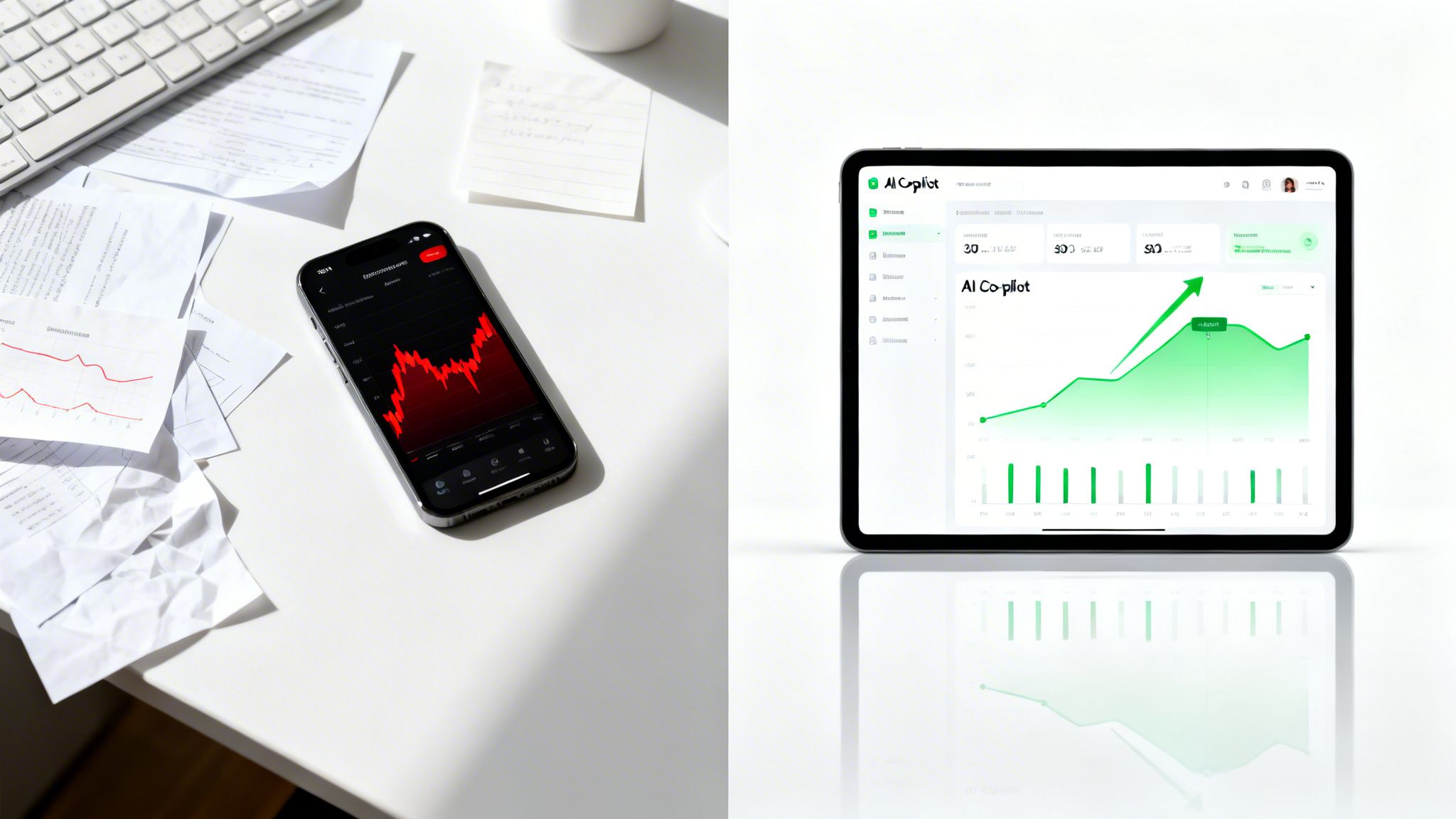 A smartphone shows a declining market, contrasted by an AI Co-pilot tablet displaying a profitable crypto portfolio.