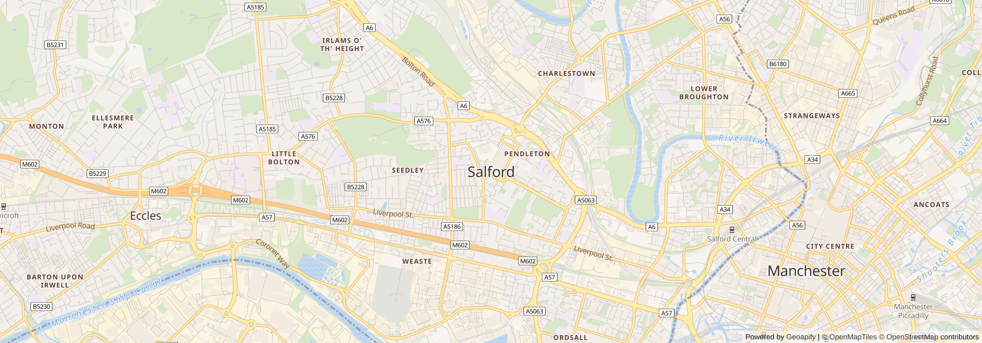 Street map of Salford, Greater Manchester showing main roads and nearby areas