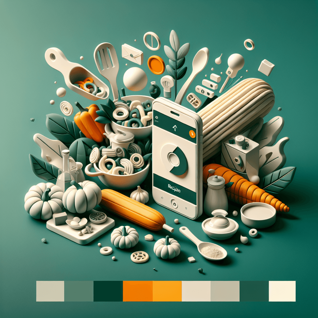 Stilvolle 3D-Illustration eines Smartphones mit einer aktiven Sprachaufnahmefunktion („Recipe Voice“) im Zentrum, umgeben von Kürbissen, Zucchini, Karotten, Pasta, Küchenutensilien und Gewürzen. Die Szene zeigt ein aufgeräumtes, herbstlich-farbiges Setting mit reduzierter Farbpalette – ideal zur Darstellung der Sprachimportfunktion von Rezepten in der FamFood-App.