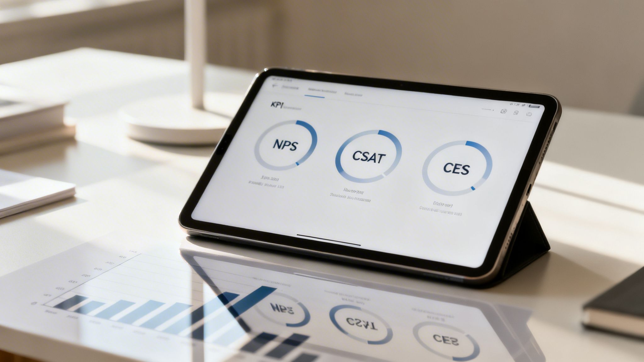 A tablet on a white desk displays customer experience KPIs: NPS, CSAT, and CES dashboards.