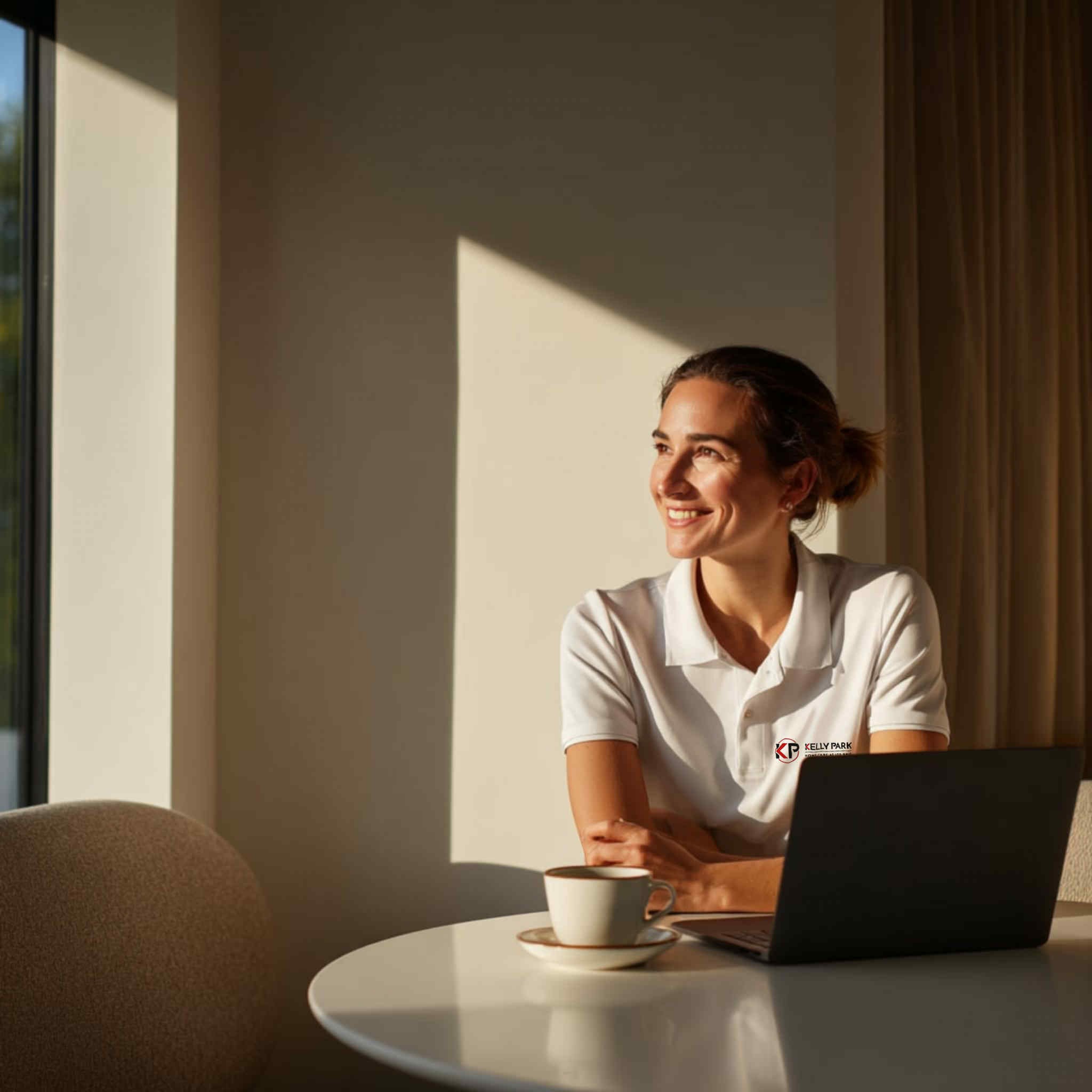 A person sitting at a desk smiles while using a smartphone, with a laptop and coffee cup nearby.