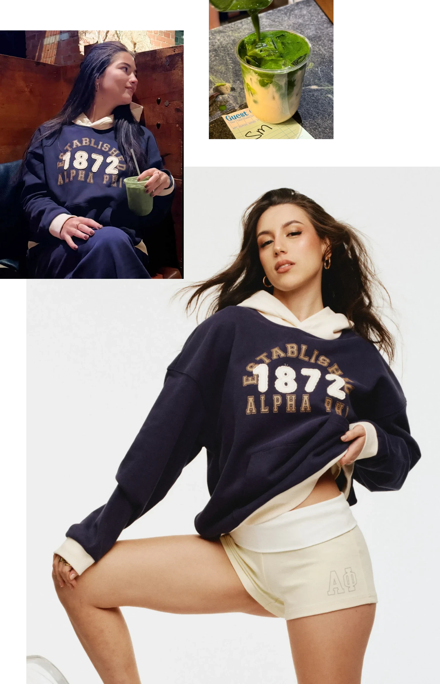 Photos of girls wearing a navy “Established 1872 Alpha Phi” hoodie