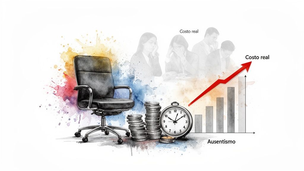 Ilustración de una silla de oficina, dinero, reloj y gráfico mostrando el aumento del costo real por ausentismo, con personas estresadas.