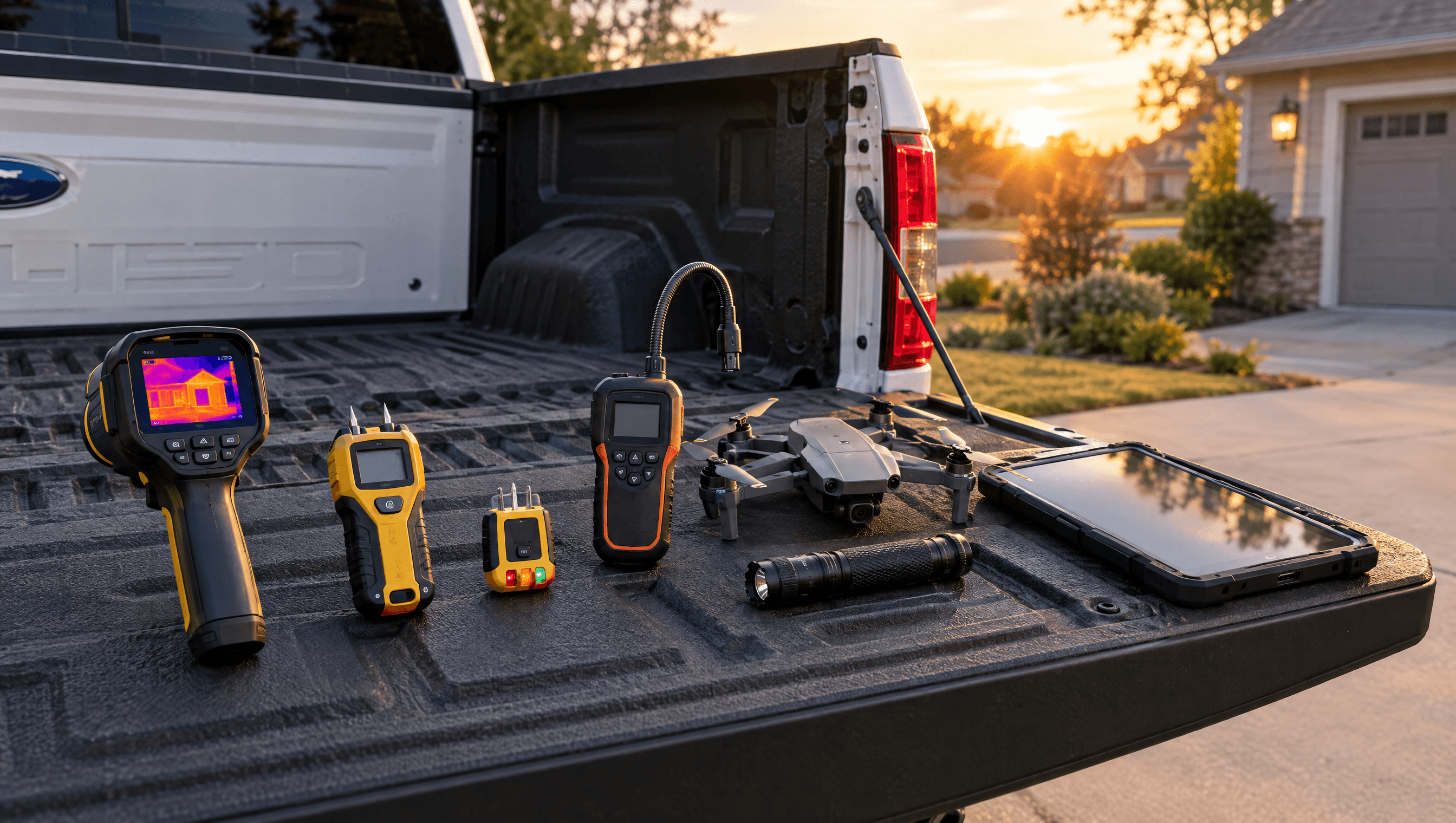 Thermal camera, moisture meter, drone and other inspection tools on a truck tailgate