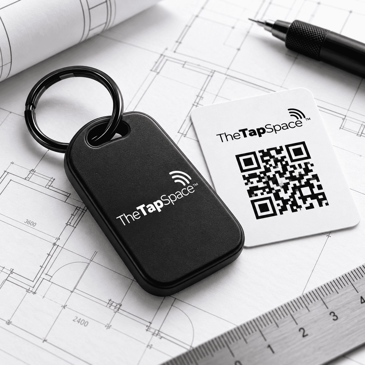Black TapSpace NFC key fob beside a white QR backing card