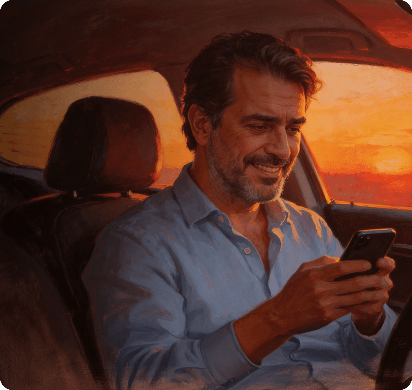 Homme souriant devant son téléphone dans une voitures