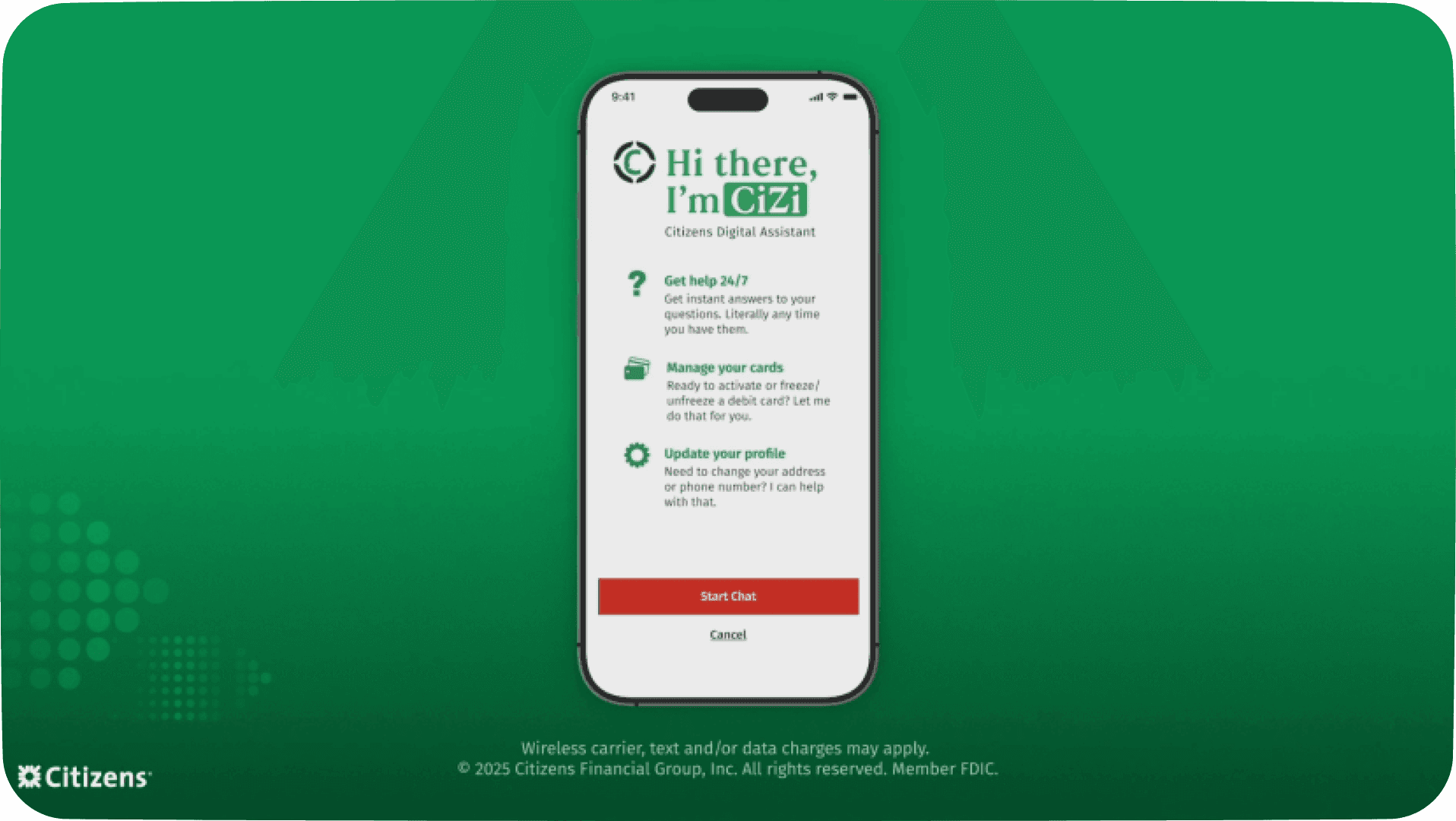 Smartphone screen showing a digital assistant introduction reading “Hi there, I’m CiZi,” with options to get help 24/7, manage cards, and update a profile, presented on a green Citizens-branded background.