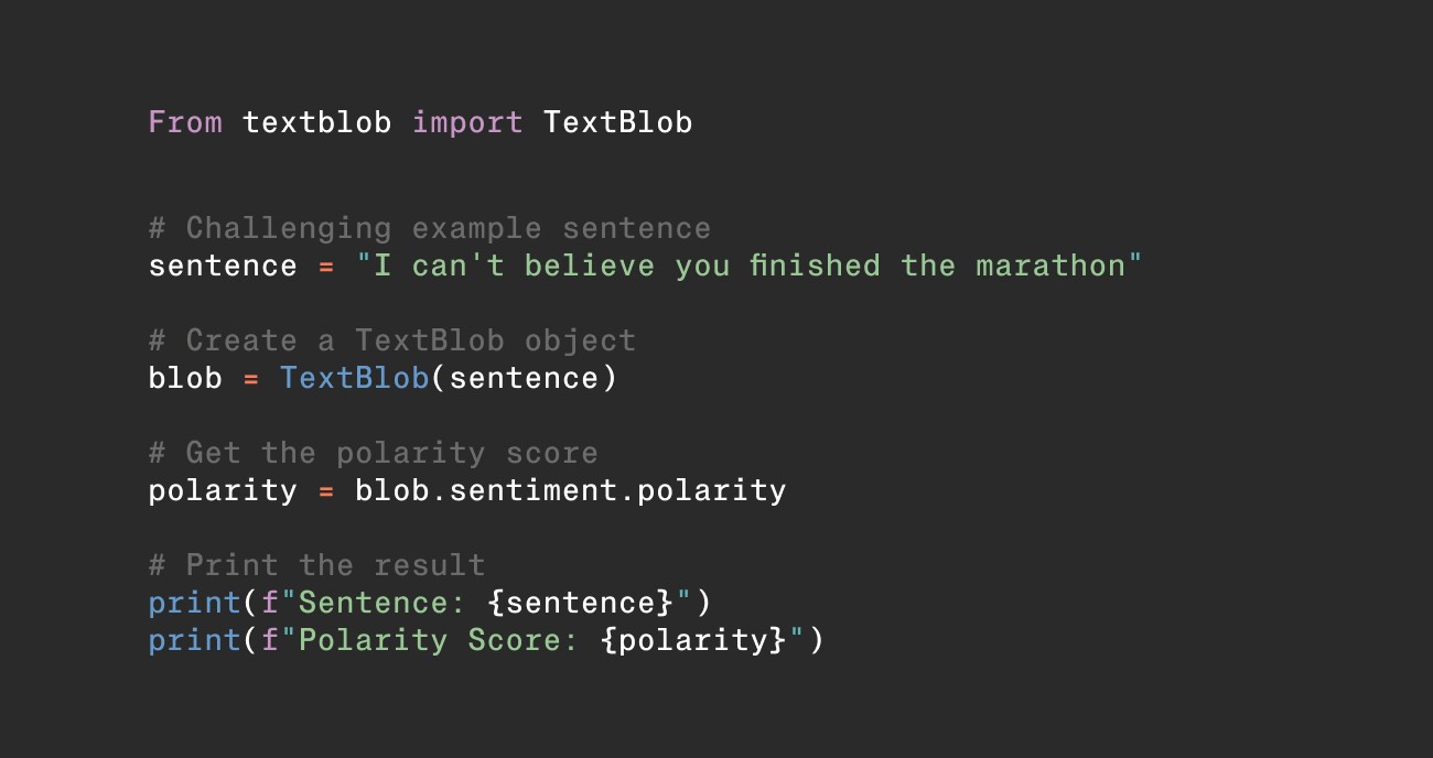 Python code snippet using TextBlob to calculate the sentiment polarity score for the sentence 'I can't believe you finished the marathon.'