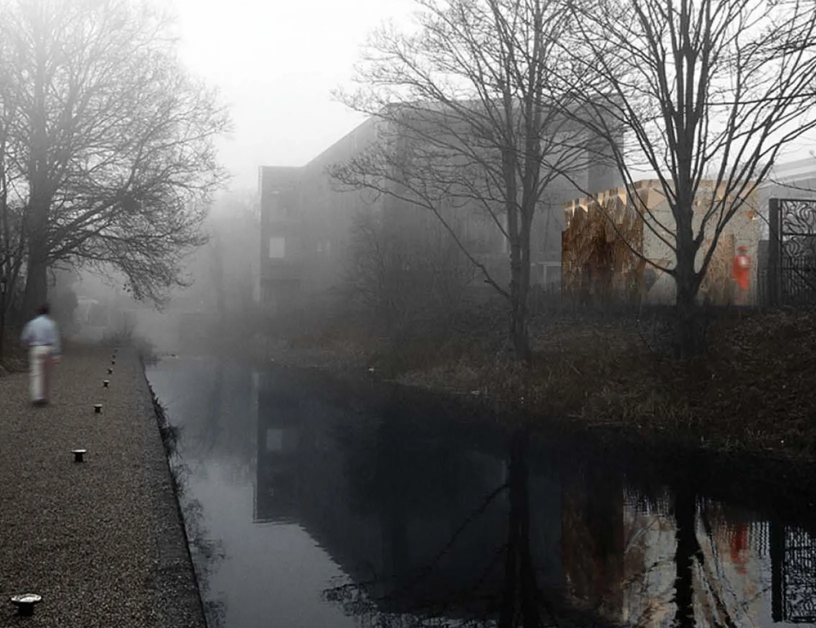 Competition rendering from Canal Perspective of exterior pavilion with proposed facade skin