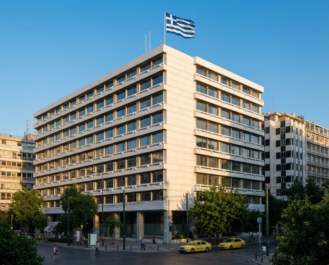 Exterior of the Greek Ministry of Finance with Greek flag
