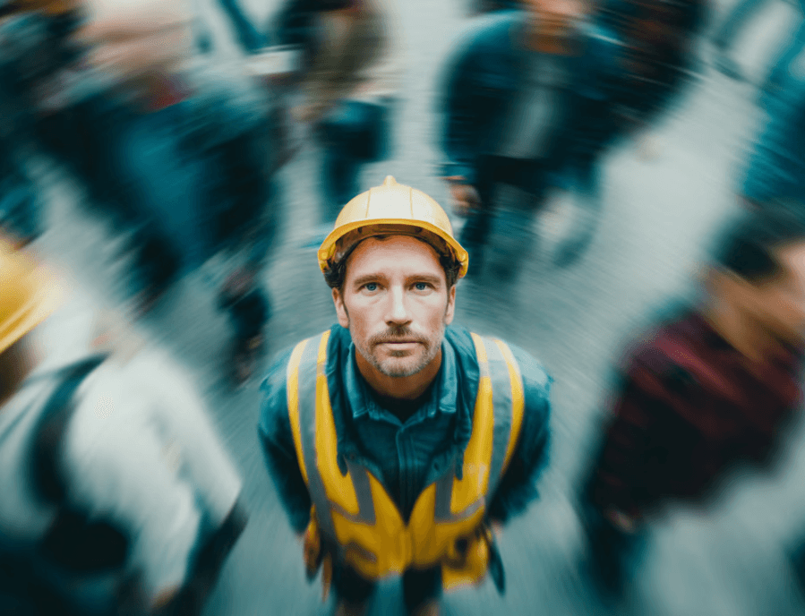 a trademan in focus with people out of focus move around him