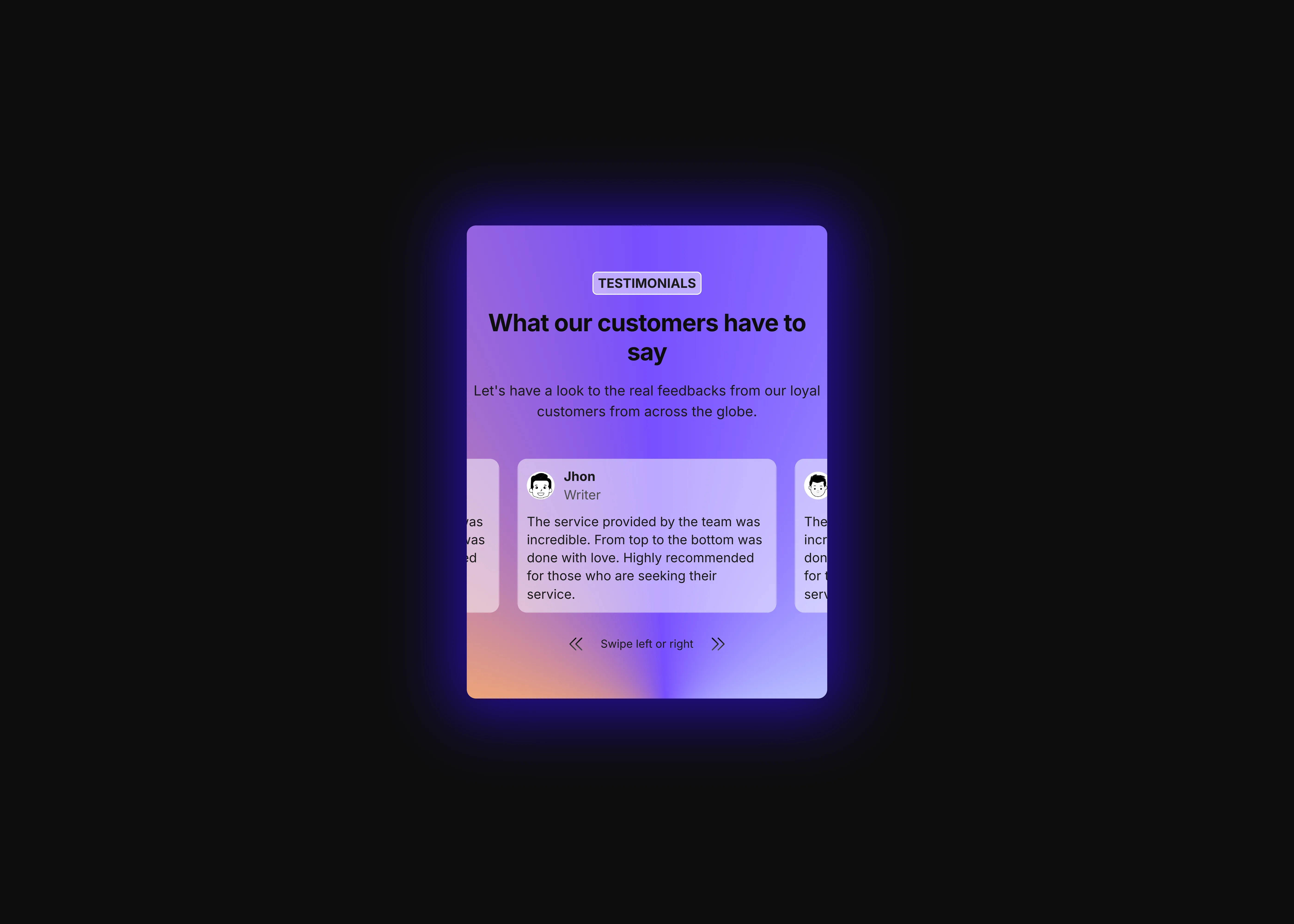 Testimonial section for website design in dark theme for tablet