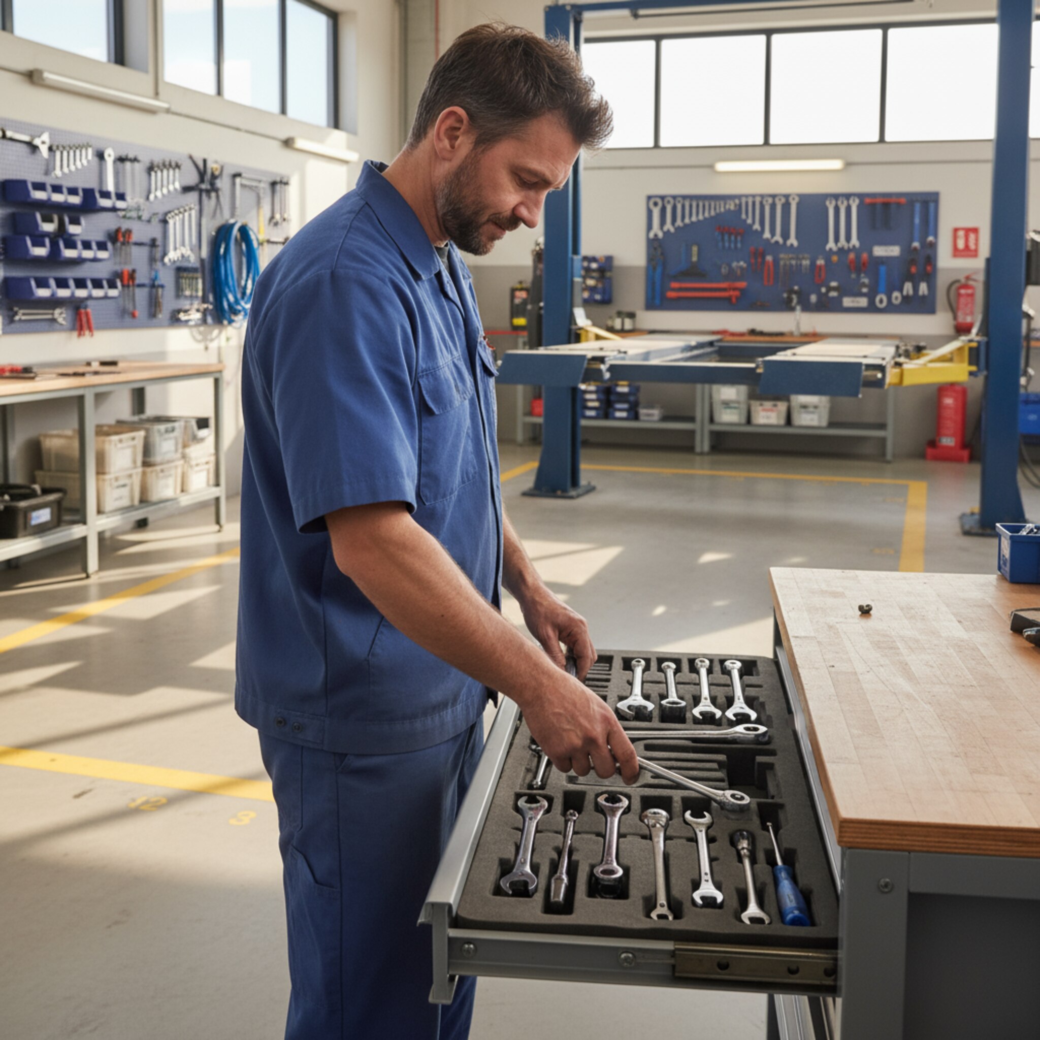 Ein Mechaniker legt einen Drehmomentschlüssel ruhig in eine Schublade mit passgenauen Einlagen zurück, während eine leere Hebebühne im Hintergrund langsam absenkt. Schräges Nachmittagslicht lässt Metall weich glänzen. Nummerierte Stellflächen strukturieren den Raum. Die Szene vermittelt Rhythmus und Ordnung ohne Hektik, bereit für den nächsten Slot.