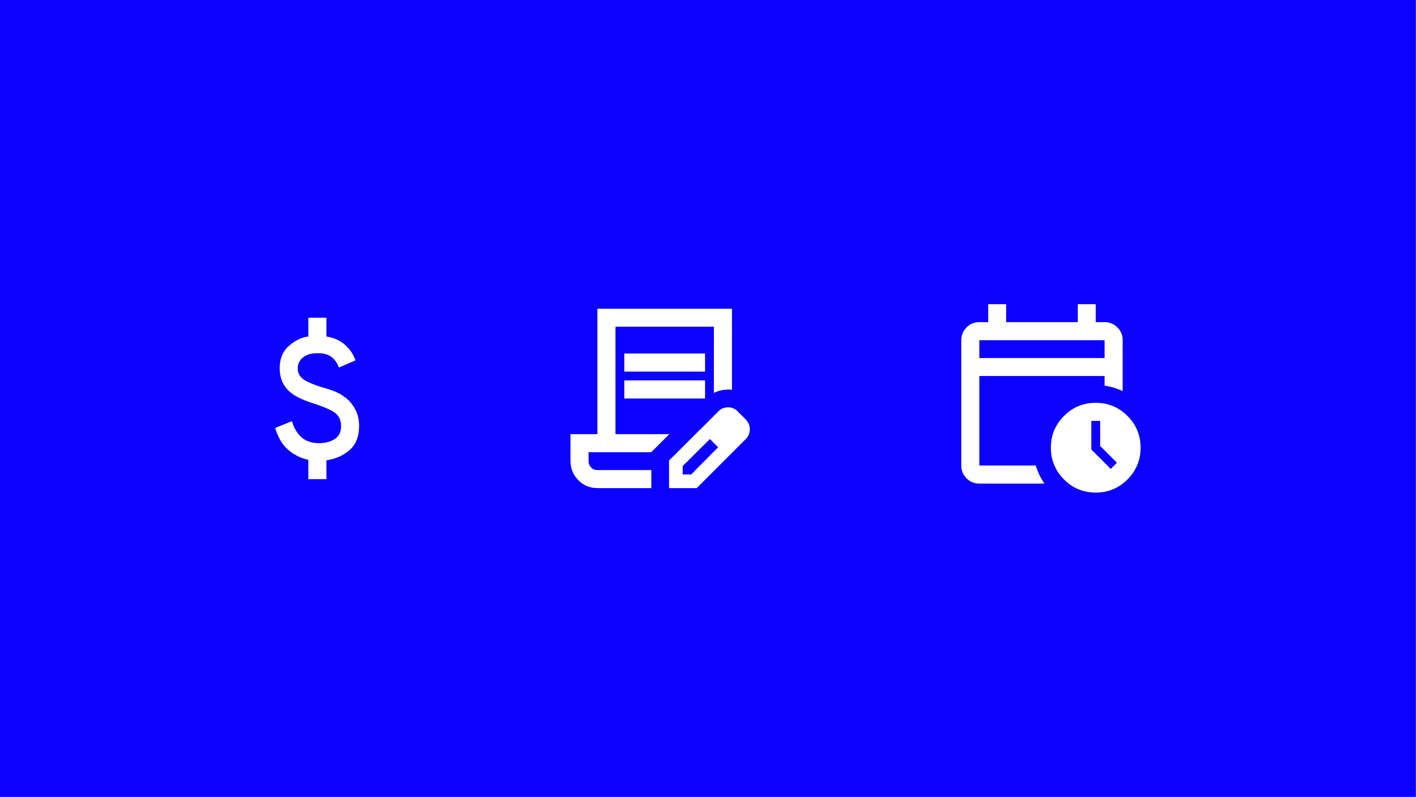 Icons representing budget, contracts, and timelines, illustrating the practical side of working with a branding agency.