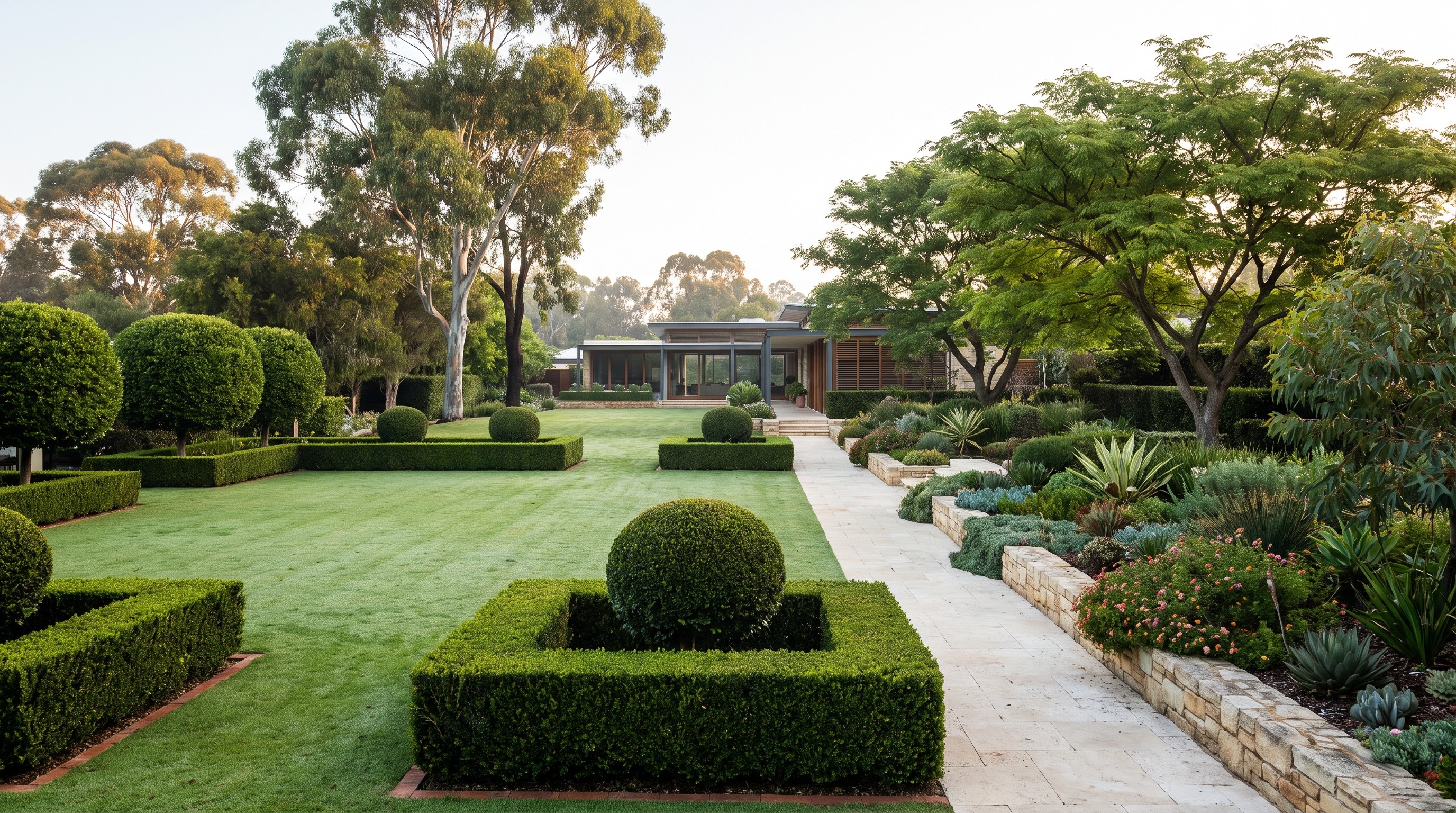 Manicured lawn and trimmed hedges