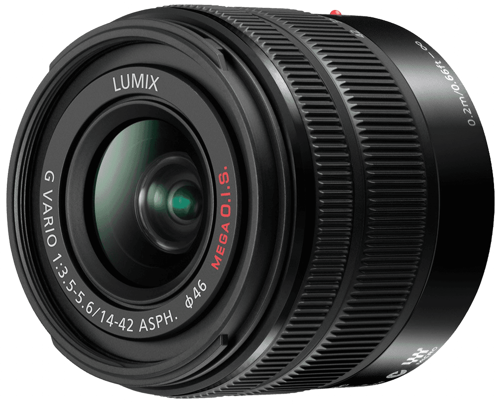 A dark grey camera lens with a Lumix label