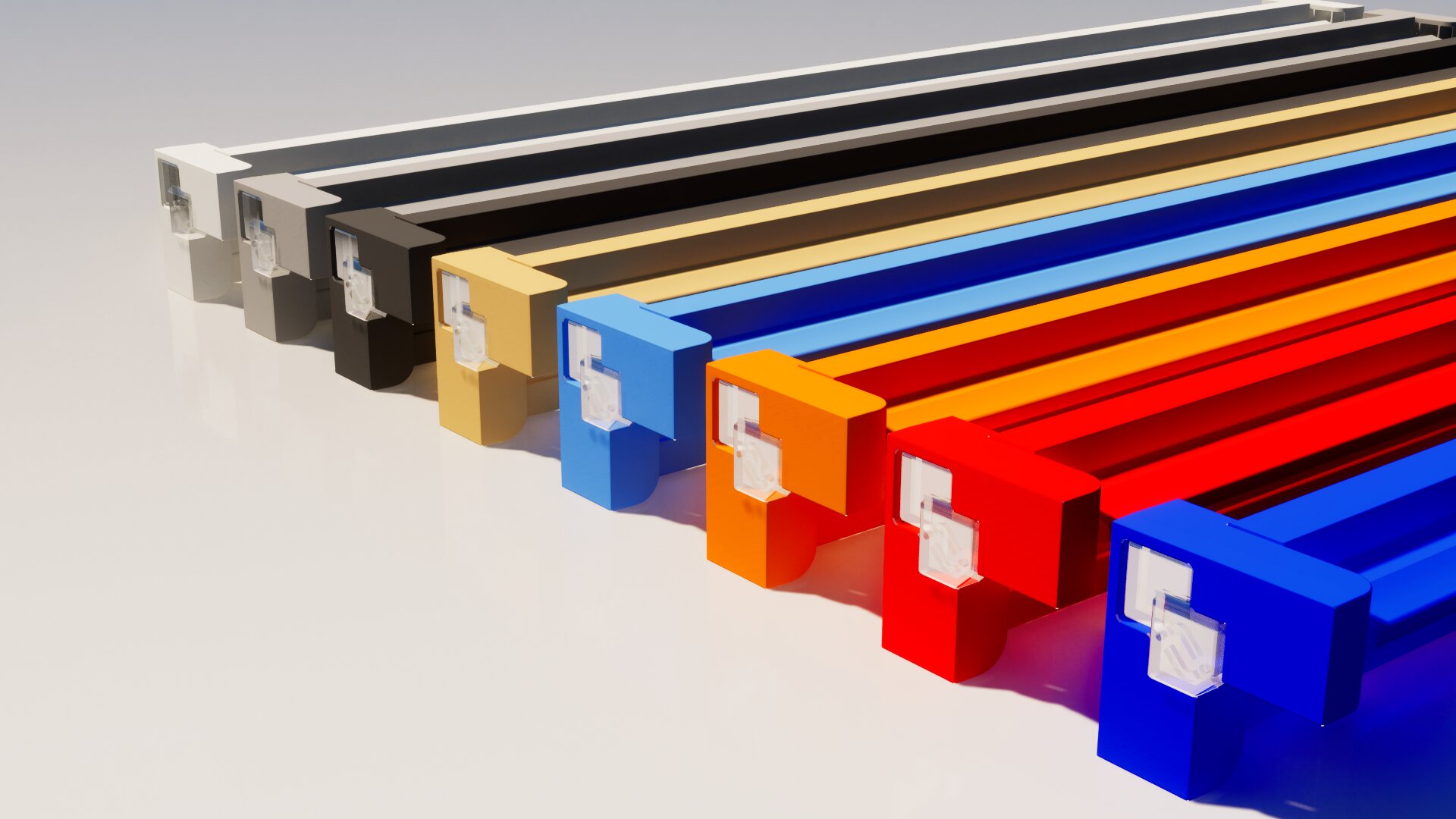 Colorful array of various colored rectangular shelf supports, including red, orange, and blue.