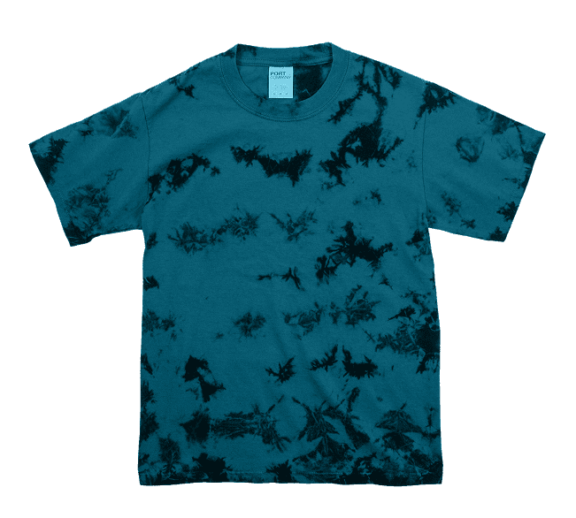 Blue tie-dye t-shirt with abstract black patterns.