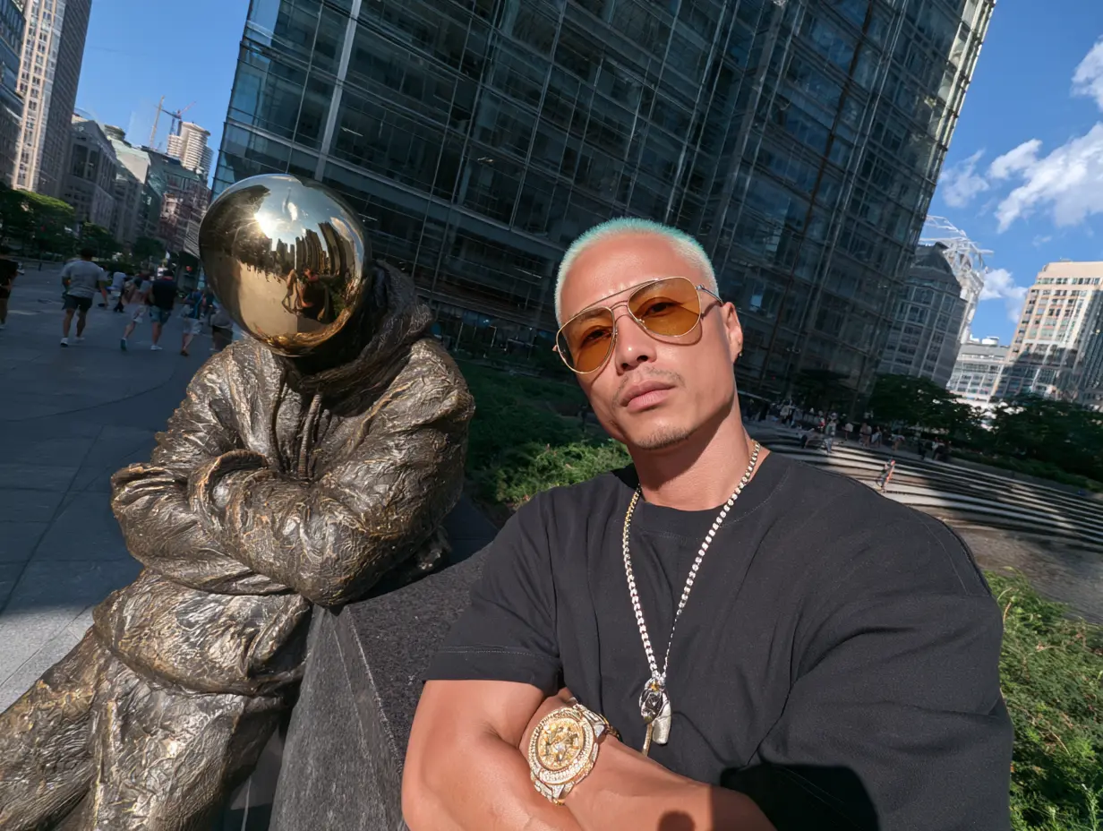 Man with bleached hair, tinted aviator sunglasses and a diamond watch posing beside a mirror-ball-headed bronze statue in a city plaza, premium lifestyle fashion