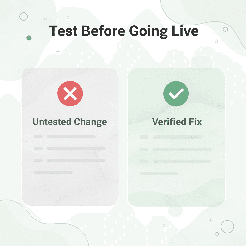 Before and after infographic showing untested change versus verified fix