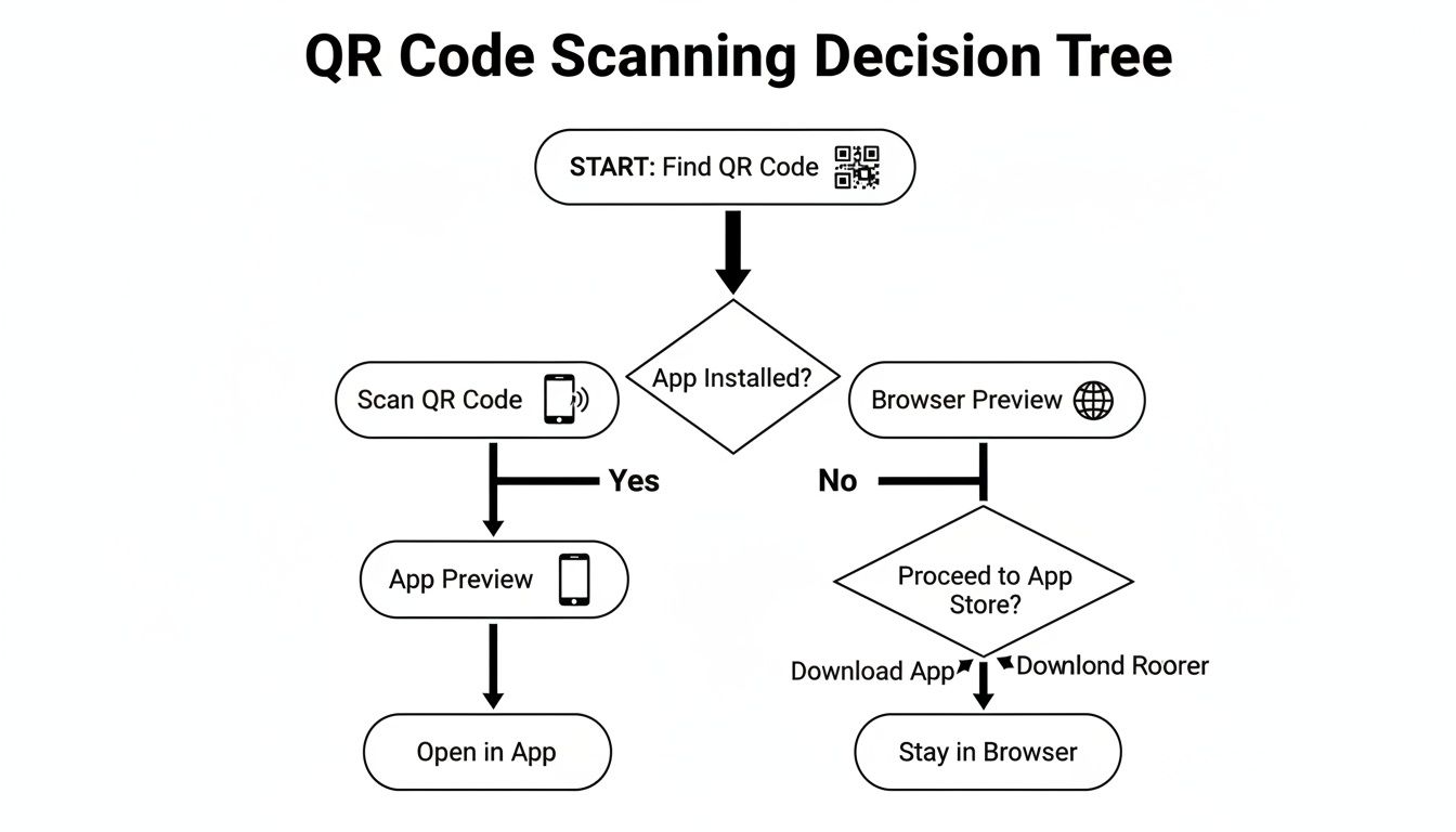 Flowchart depicting the decision process for QR code scanning, guiding users to an app or browser experience.