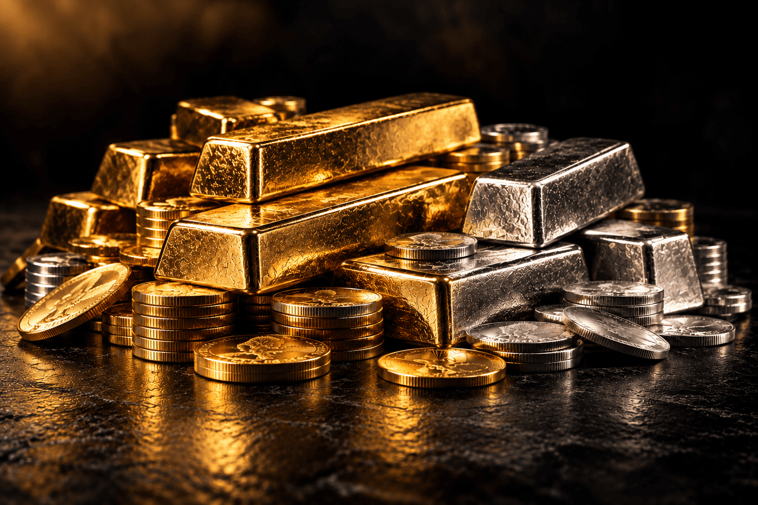 Physical gold and silver coins and bullion bars; illustrative photography