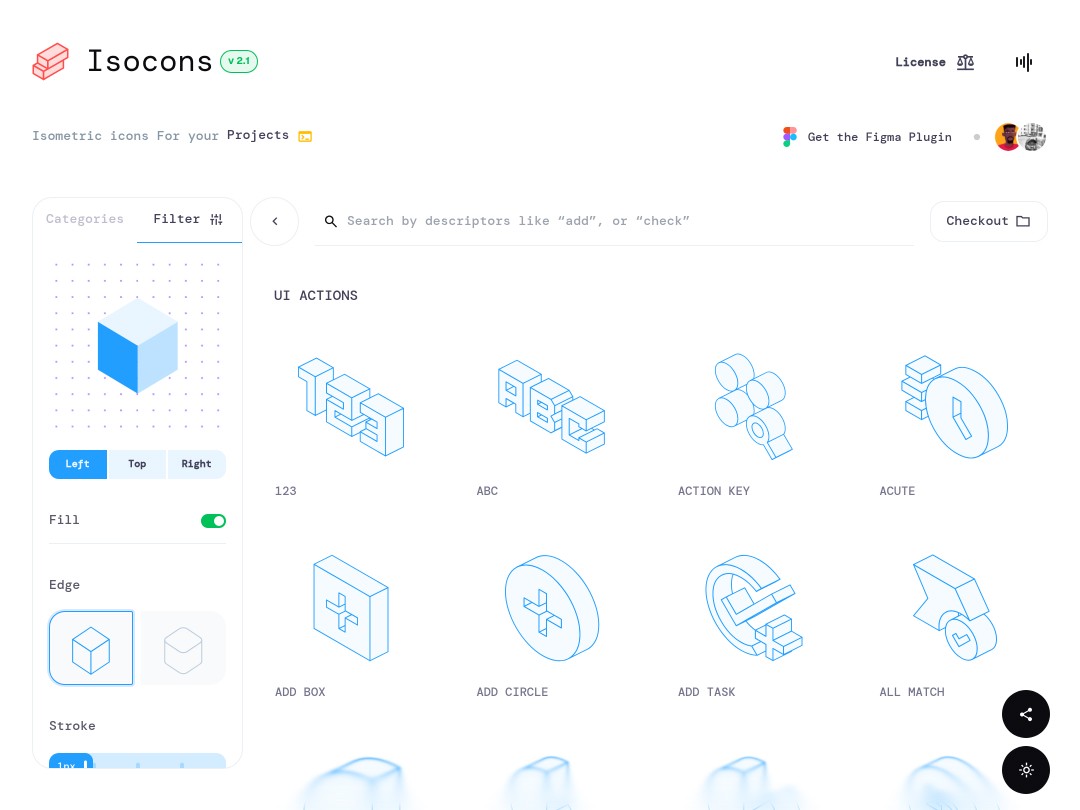 Isometric icon sets displayed with various design options and filters.