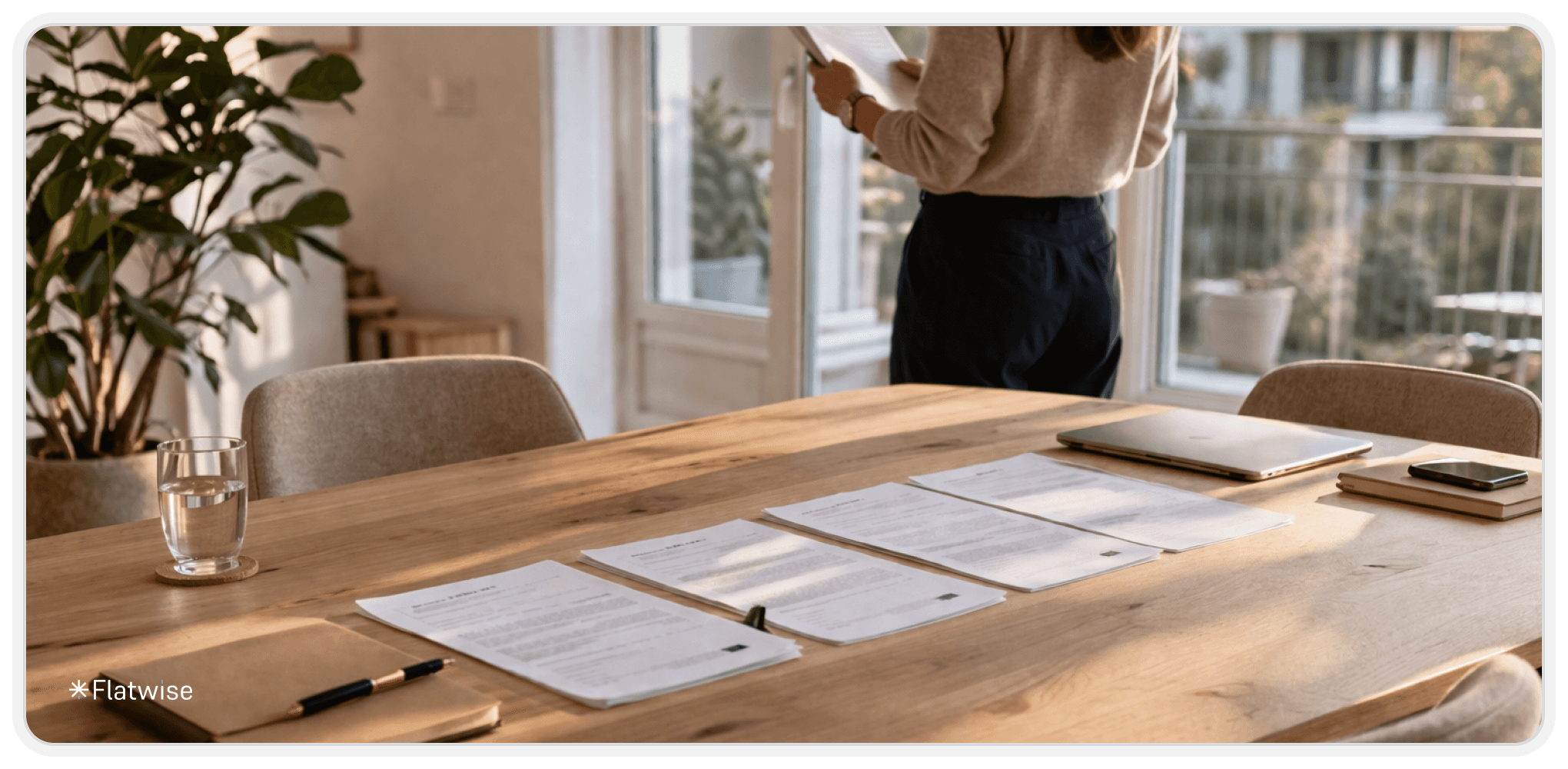 Esszimmertisch mit Dokumenten und Unterlagen. Eine Frau steht hinter dem Tisch und liest ein Dokument.