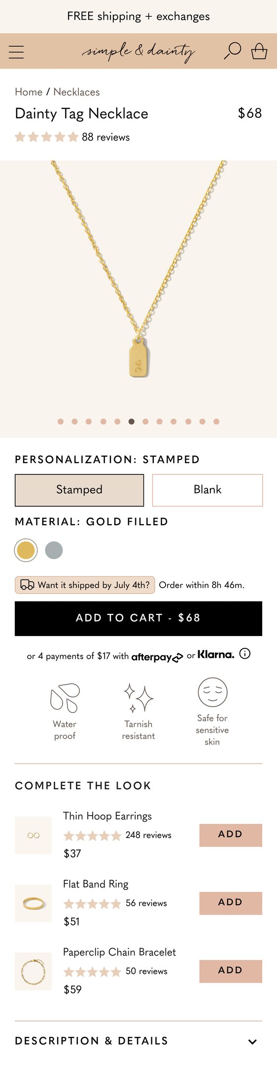 Jewelry product options include: necklace for Dainty Tag Necklace from Simple and Dainty.