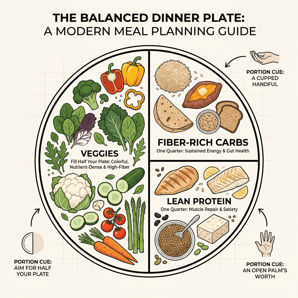 Meal plan for weight loss dinner plate divided into vegetables, protein, and carbs with portion cues
