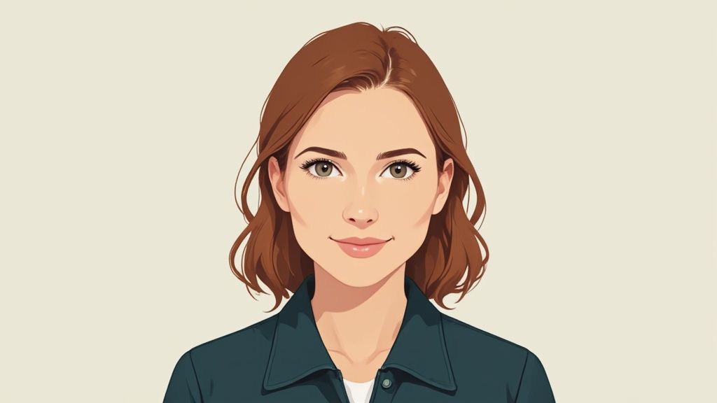 Eine professionell gekleidete Frau lächelt selbstbewusst in die Kamera für ihr Bewerbungsfoto